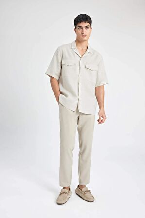 DeFacto Relax Fit Polo Yaka Keten Basic Düz Kısa Kollu Gömlek B6687AX24SPBG74