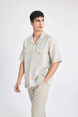 DeFacto Relax Fit Polo Yaka Keten Basic Düz Kısa Kollu Gömlek B6687AX24SPBG74