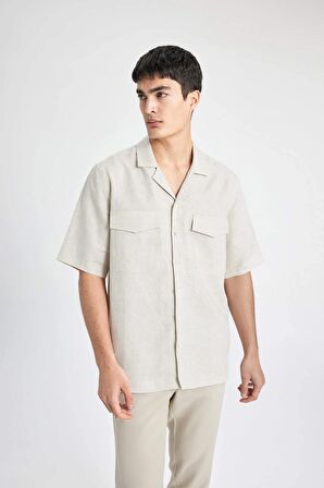 DeFacto Relax Fit Polo Yaka Keten Basic Düz Kısa Kollu Gömlek B6687AX24SPBG74