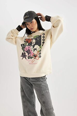 DeFacto Coool Oversize Fit Bisiklet Yaka Sırt Baskılı Kalın Sweatshirt B8652AX23WNER42