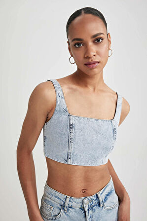 DeFacto Crop Kare Yaka %100 Pamuk Jean Bluz A8524AX23HSNM39