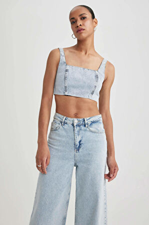 DeFacto Crop Kare Yaka %100 Pamuk Jean Bluz A8524AX23HSNM39
