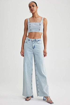 DeFacto Crop Kare Yaka %100 Pamuk Jean Bluz A8524AX23HSNM39