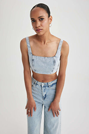 DeFacto Crop Kare Yaka %100 Pamuk Jean Bluz A8524AX23HSNM39