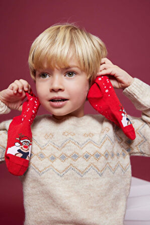 Erkek Bebek Yılbaşı Temalı Kaydırmaz Taban 3'lü Pamuklu Uzun Çorap