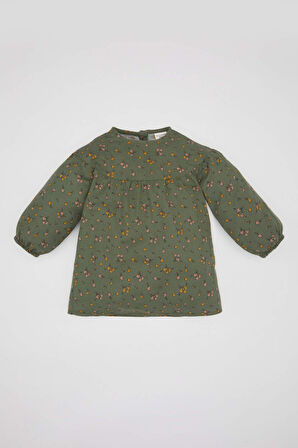 Kız Bebek Çiçekli Uzun Kollu Twill Elbise