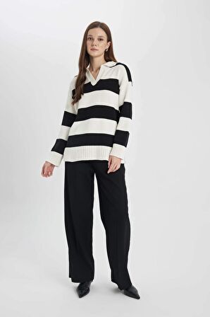 DeFacto Regular Fit Polo Yaka Çizgili Triko Kazak Tunik B8370AX24SPER133