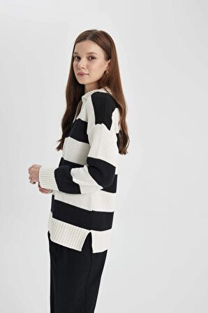 DeFacto Regular Fit Polo Yaka Çizgili Triko Kazak Tunik B8370AX24SPER133
