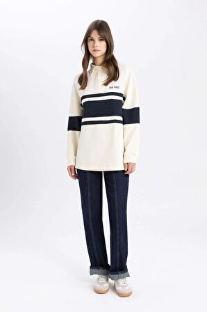 DeFacto Regular Fit Polo Yaka Baskılı Uzun Kollu Tesettür Sweatshirt Tunik C3850AX24SPER109