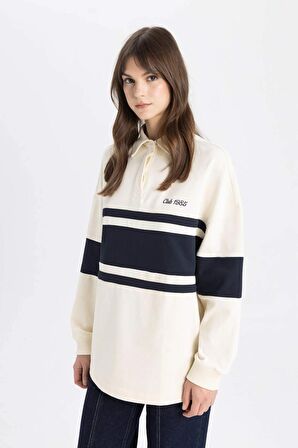 DeFacto Regular Fit Polo Yaka Baskılı Uzun Kollu Tesettür Sweatshirt Tunik C3850AX24SPER109