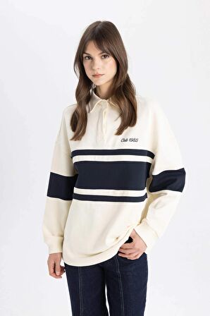 DeFacto Regular Fit Polo Yaka Baskılı Uzun Kollu Sweatshirt Tunik C3850AX24SPER109