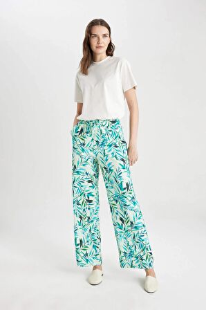 Wide Leg  Desenli Cepli Geniş Paça Keten Görünümlü Pantolon