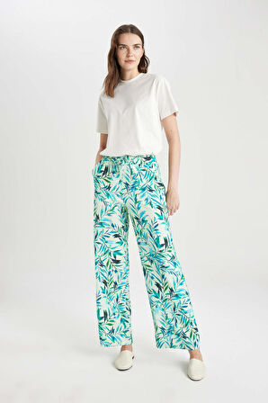Wide Leg  Desenli Cepli Geniş Paça Keten Görünümlü Pantolon