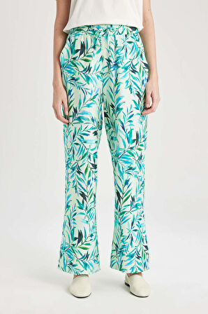 Wide Leg  Desenli Cepli Geniş Paça Keten Görünümlü Pantolon