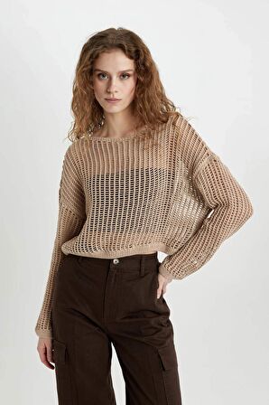 DeFacto Relax Fit Kayık Yaka Kroşe Triko Kazak C4206AX24SPBG287