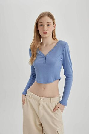 DeFacto Coool Fitted V Yaka Crop Fitilli Kaşkorse Uzun Kollu Tişört C4399AX24SPBE553