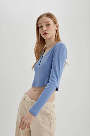 DeFacto Coool Fitted V Yaka Crop Fitilli Kaşkorse Uzun Kollu Tişört C4399AX24SPBE553