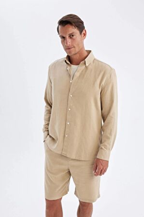 DeFacto Relax Fit Polo Yaka Keten Karışımlı Pamuklu Uzun Kollu Gömlek C1106AX24SMBG750