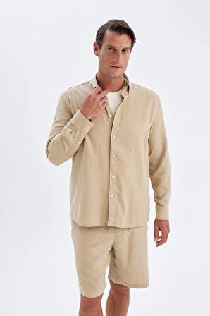 DeFacto Relax Fit Polo Yaka Keten Karışımlı Pamuklu Uzun Kollu Gömlek C1106AX24SMBG750