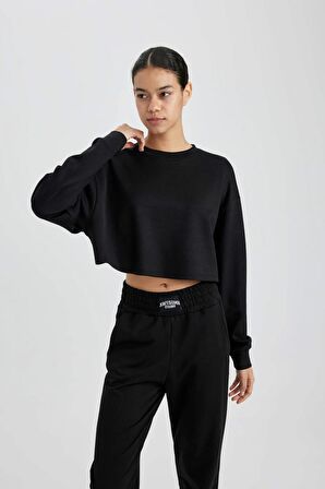 DeFactoFit Crop Bisiklet Yaka Crop Basic Düz Sporcu Sweatshirt B4222AX24SPBK81