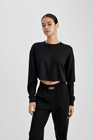 DeFactoFit Crop Bisiklet Yaka Crop Basic Düz Sporcu Sweatshirt B4222AX24SPBK81