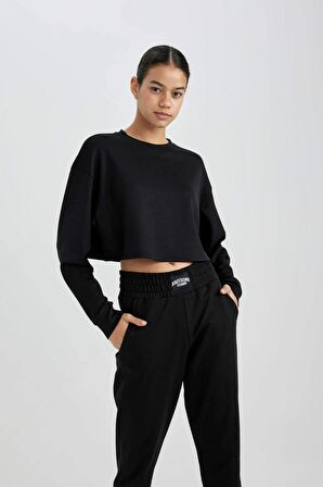 DeFactoFit Crop Bisiklet Yaka Crop Basic Düz Sporcu Sweatshirt B4222AX24SPBK81