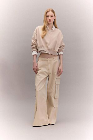DeFacto Coool Basic Düz Wide Leg Geniş Bol Paça Pantolon Gabardin Kumaş Kargo Cepli C3890AX24SPBG702