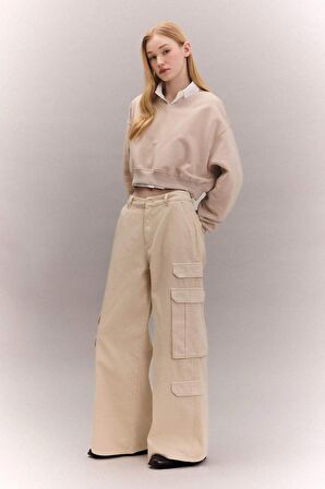 DeFacto Coool Basic Düz Wide Leg Geniş Bol Paça Pantolon Gabardin Kumaş Kargo Cepli C3890AX24SPBG702