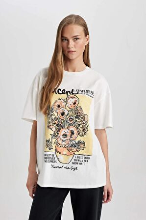 DeFacto Van Gogh Oversize Fit Bisiklet Yaka Kısa Kollu Tişört C3778AX24SMWT32