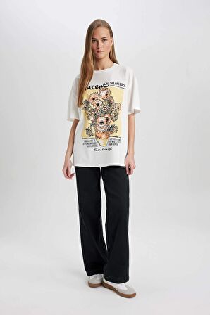 DeFacto Van Gogh Oversize Fit Bisiklet Yaka Kısa Kollu Tişört C3778AX24SMWT32