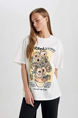 DeFacto Van Gogh Oversize Fit Bisiklet Yaka Kısa Kollu Tişört C3778AX24SMWT32