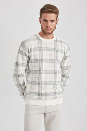 DeFacto Relax Fit Bisiklet Yaka Desenli Triko Kazak Y0619AZ23WNBG216