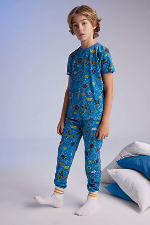 DeFacto Erkek Çocuk Pijama Takımı Bisiklet Yaka Desenli Kısa Kollu Üst Uzun Alt C0838A824SPIN120