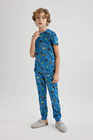 DeFacto Erkek Çocuk Pijama Takımı Bisiklet Yaka Desenli Kısa Kollu Üst Uzun Alt C0838A824SPIN120