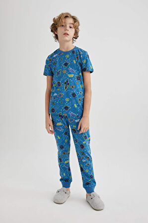 DeFacto Erkek Çocuk Pijama Takımı Bisiklet Yaka Desenli Kısa Kollu Üst Uzun Alt C0838A824SPIN120