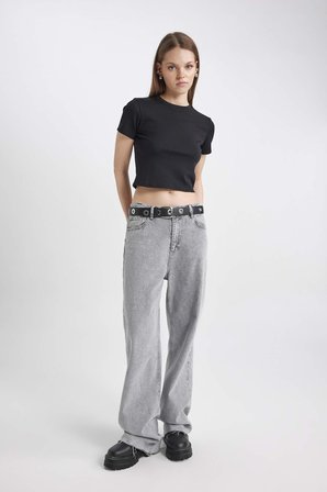 DeFacto Coool Fitted Ribana Basic Düz Kısa Crop Kollu Pembe Tişört T9631AZ24SMBK81