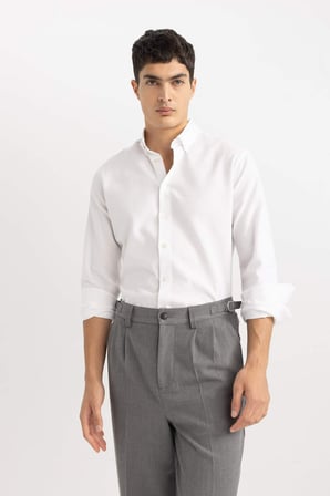 DeFacto %100 Pamuk Beyaz Modern Fit Polo Yaka Petek Dokulu Basic Düz Uzun Kollu Gömlek B7383AX24SPWT34