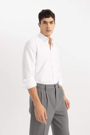 DeFacto %100 Pamuk Beyaz Modern Fit Polo Yaka Petek Dokulu Basic Düz Uzun Kollu Gömlek B7383AX24SPWT34