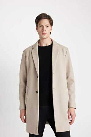 Siyah Relax Fit Rahat Kesim  Düğmeli Cepli Uzun Kaşe Kaban