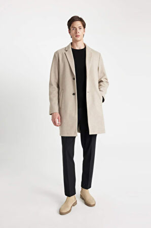 Siyah Relax Fit Rahat Kesim  Düğmeli Cepli Uzun Kaşe Kaban