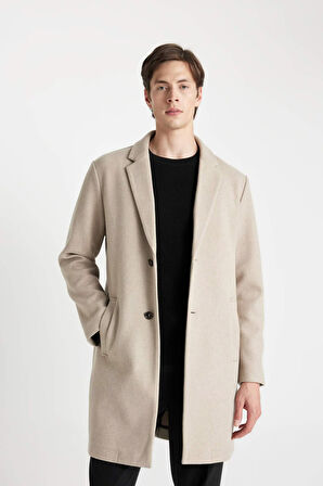 Siyah Relax Fit Rahat Kesim  Düğmeli Cepli Uzun Kaşe Kaban