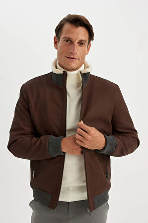 Slim Fit Dik Yaka Astarlı Fermuar Kapamalı Çift Cepli Mevsimlik Suni Deri Mont Ceket