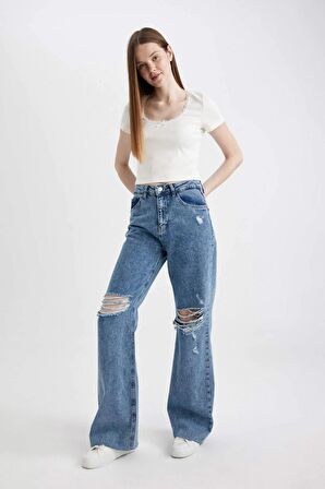 DeFacto 90's Wide Leg Yırtık Detaylı Yüksek Bel Geniş Paça Uzun Jean Pantolon C2385AX24SMNM28