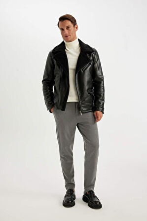 Su İtici Slim Fit Dar Kesim Astarlı Fermuarlı Cepli Suni Deri Mont Ceket