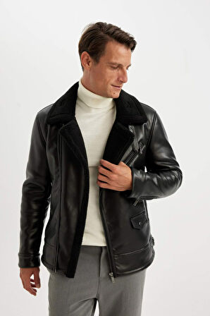 Su İtici Slim Fit Dar Kesim Astarlı Fermuarlı Cepli Suni Deri Mont Ceket