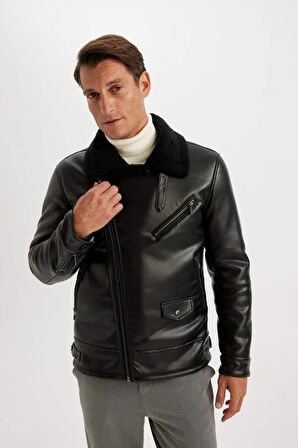 Su İtici Slim Fit Dar Kesim Astarlı Fermuarlı Cepli Suni Deri Mont Ceket