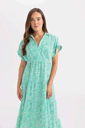 DeFacto Gömlek Yaka Desenli Viskon Kısa Kollu Maxi Elbise C8713AX24SMGN311