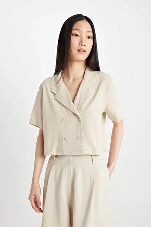 DeFacto Cropped Fit Polo Yaka Keten Karışımlı Kısa Kollu Gömlek C8574AX24SMBG211