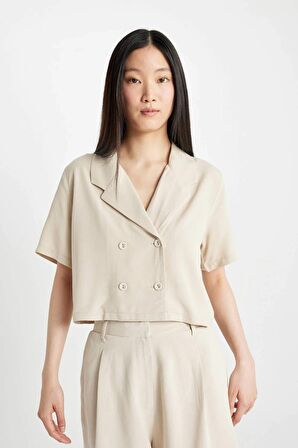 DeFacto Cropped Fit Polo Yaka Keten Karışımlı Kısa Kollu Gömlek C8574AX24SMBG211