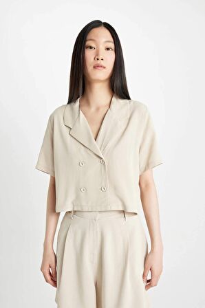 DeFacto Cropped Fit Polo Yaka Keten Karışımlı Kısa Kollu Gömlek C8574AX24SMBG211
